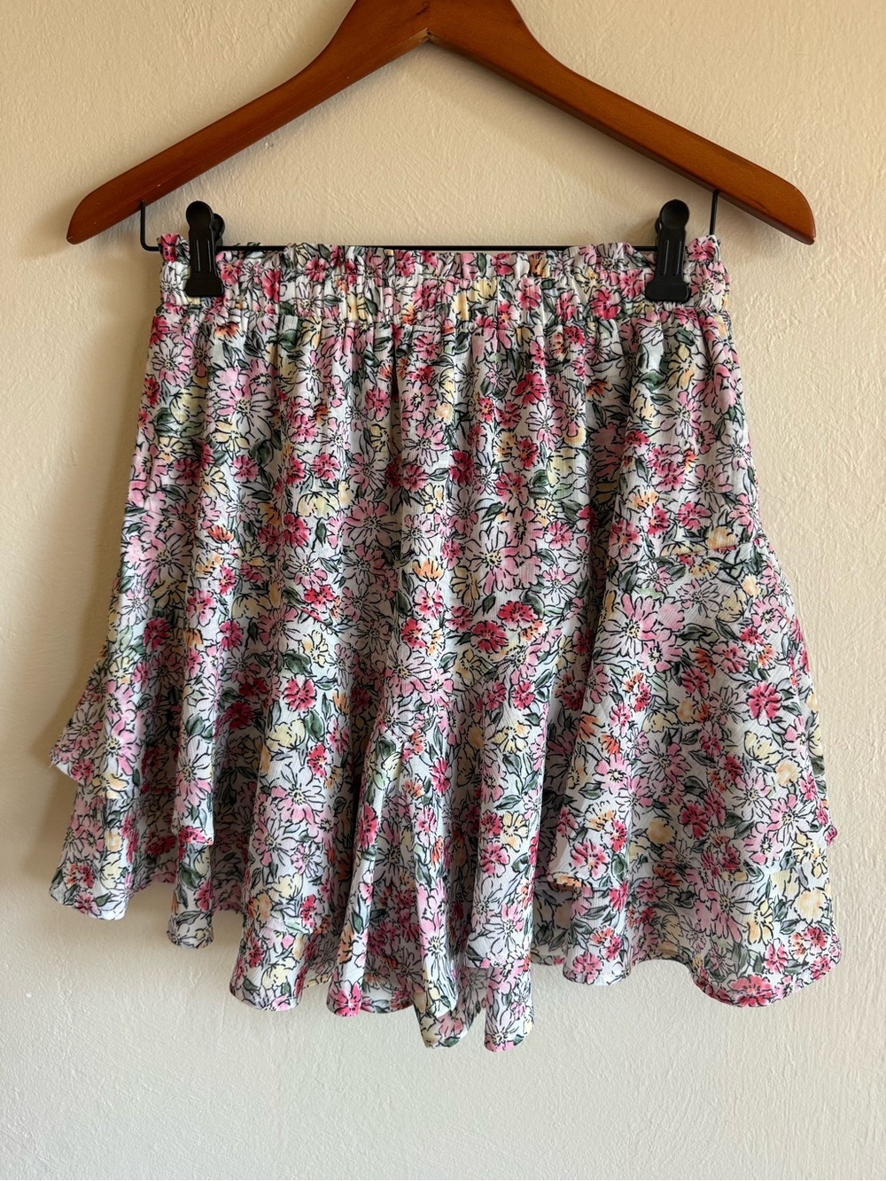 Boho Floral Tiered Ruffle Mini Skort Shorts Pink Yellow.